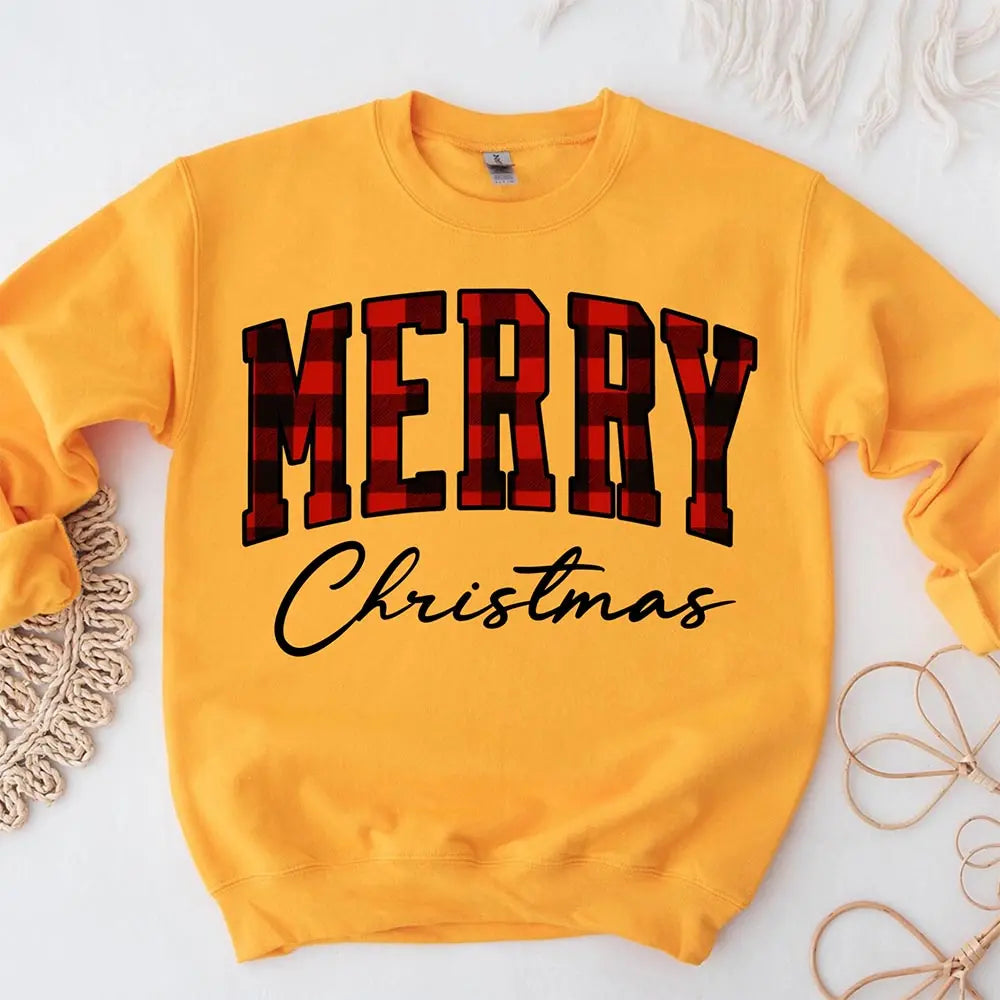 Merry Christmas Sweatshirt - Buffalo Plaid Crewneck Adorb Custom Tees