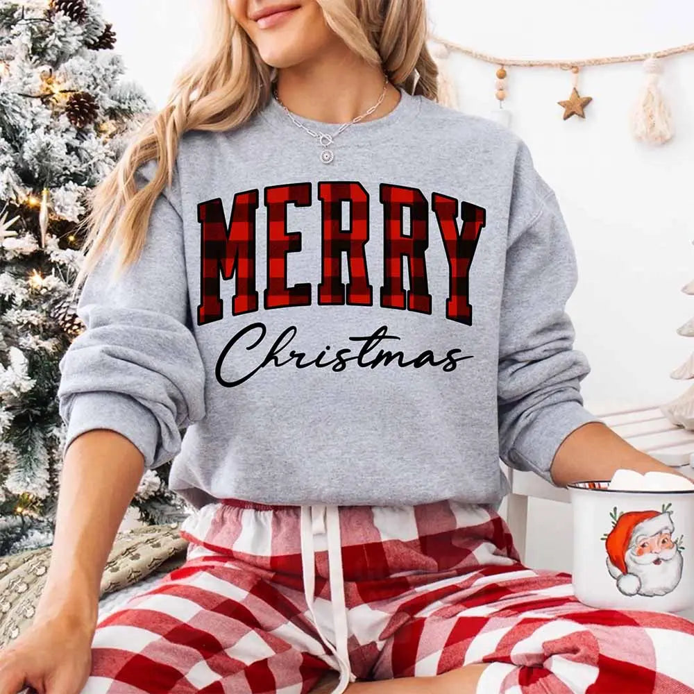 Merry Christmas Sweatshirt - Buffalo Plaid Crewneck Adorb Custom Tees