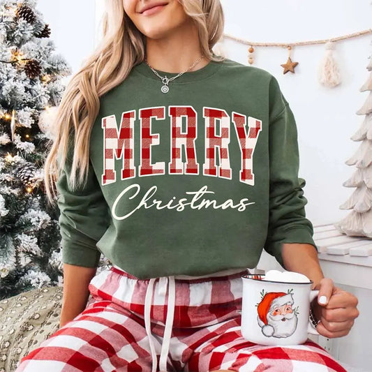 Merry Christmas Sweatshirt - Buffalo Plaid Crewneck Adorb Custom Tees