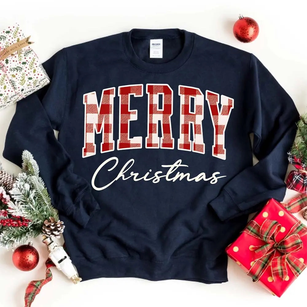 Merry Christmas Sweatshirt - Buffalo Plaid Crewneck Adorb Custom Tees