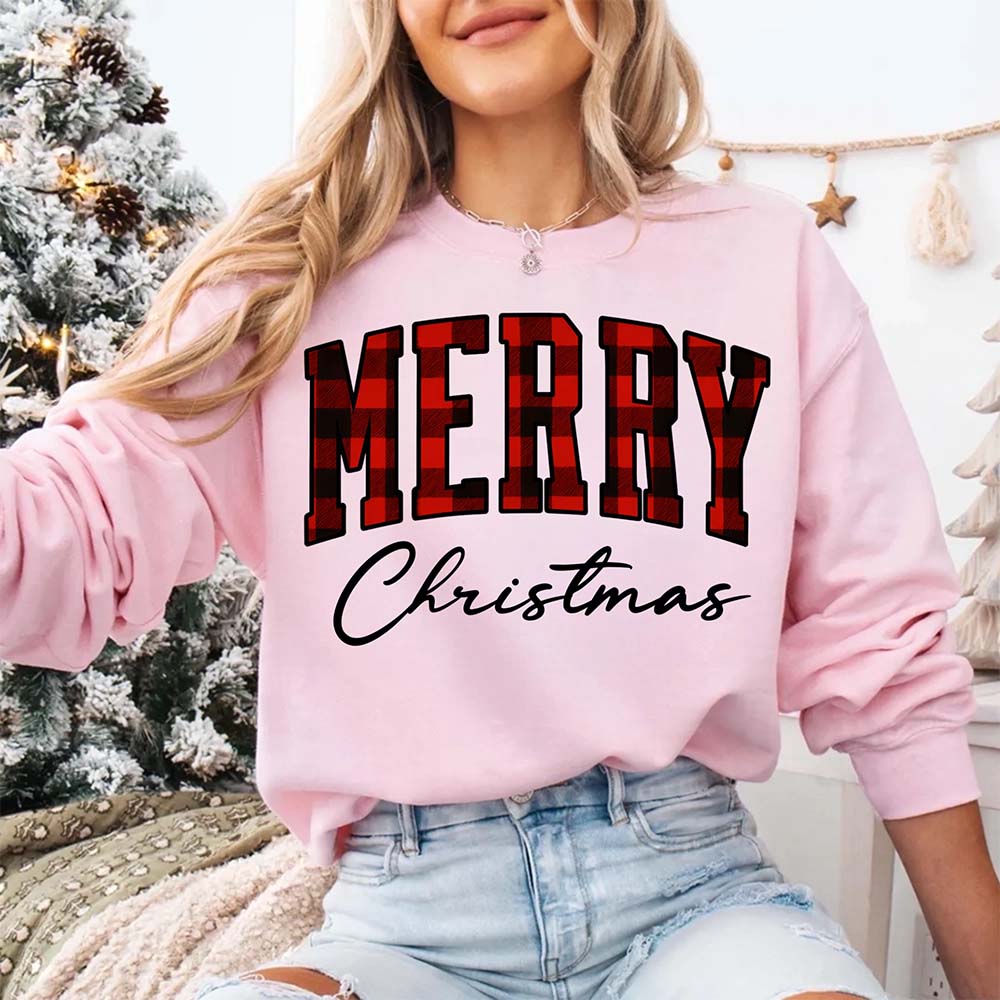 Merry Christmas Sweatshirt - Buffalo Plaid Crewneck Adorb Custom Tees