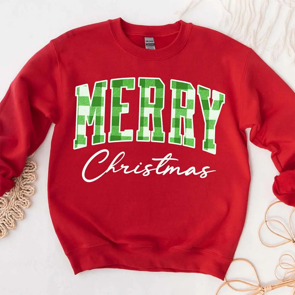 Merry Christmas Sweatshirt - Buffalo Plaid Crewneck Adorb Custom Tees