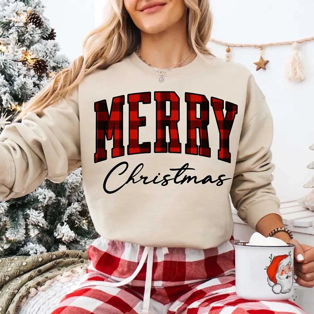Merry Christmas Sweatshirt - Buffalo Plaid Crewneck Adorb Custom Tees