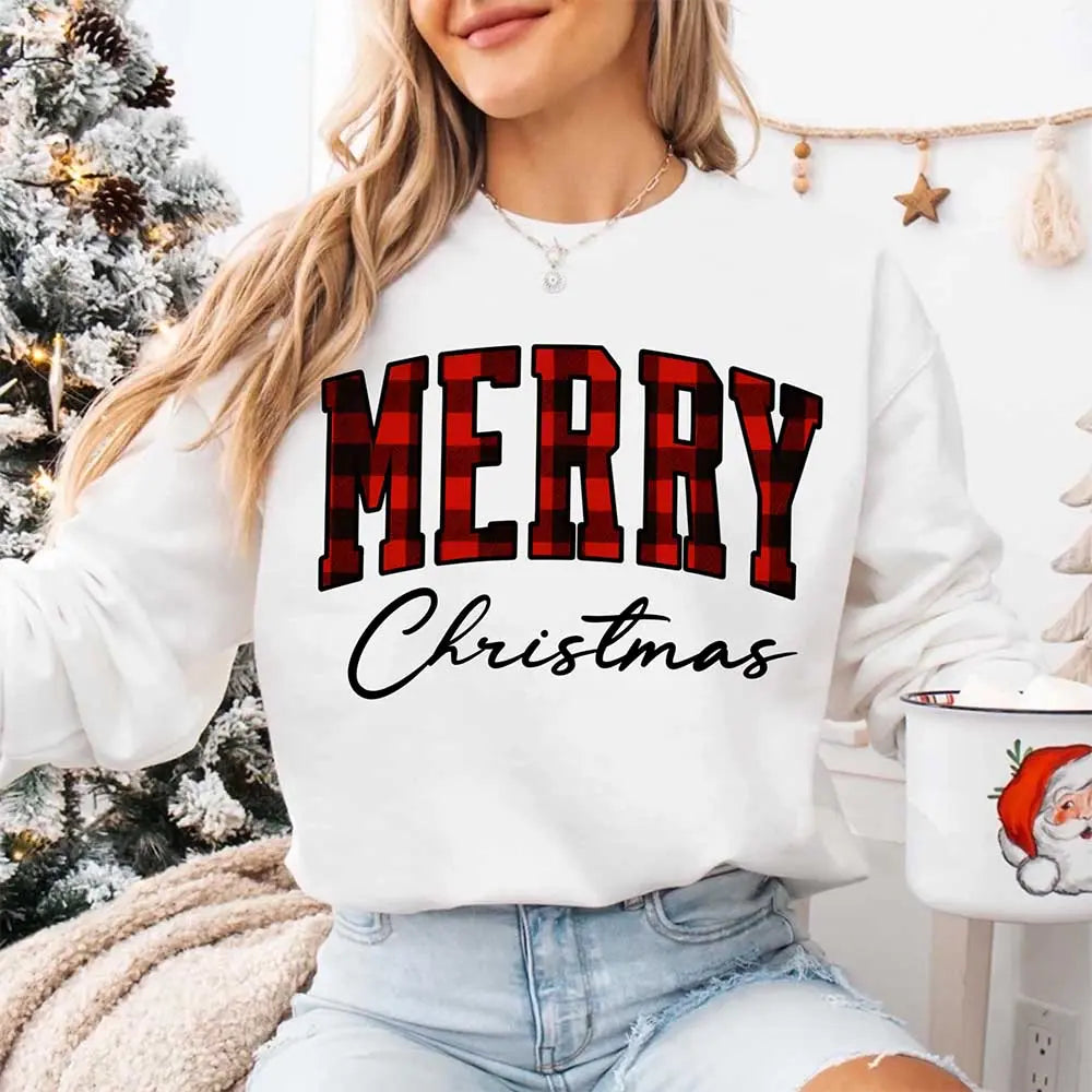 Merry Christmas Sweatshirt - Buffalo Plaid Crewneck Adorb Custom Tees