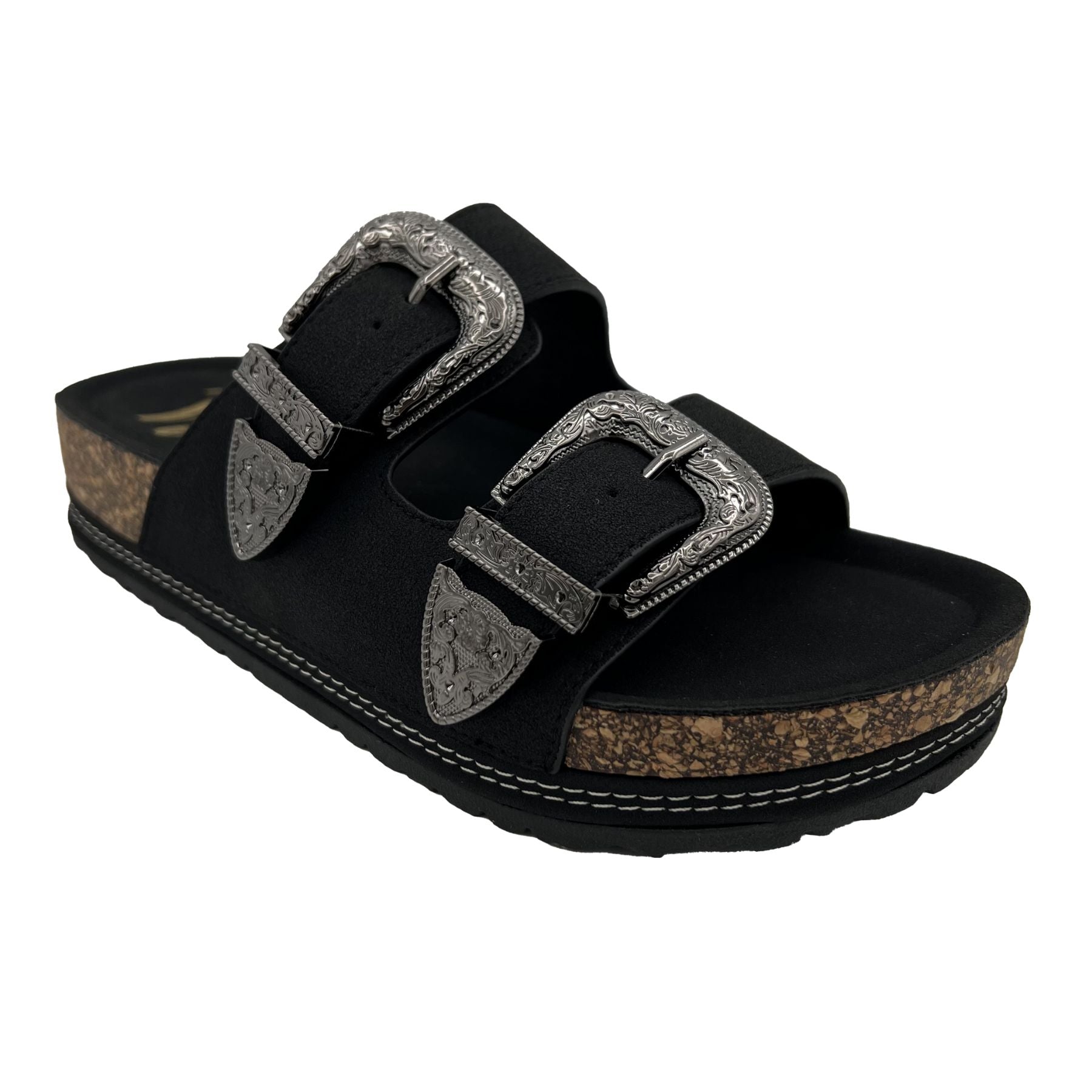 Mickie Western Slides Black Buckle Straps Comfort Footbed Naughty Monkey