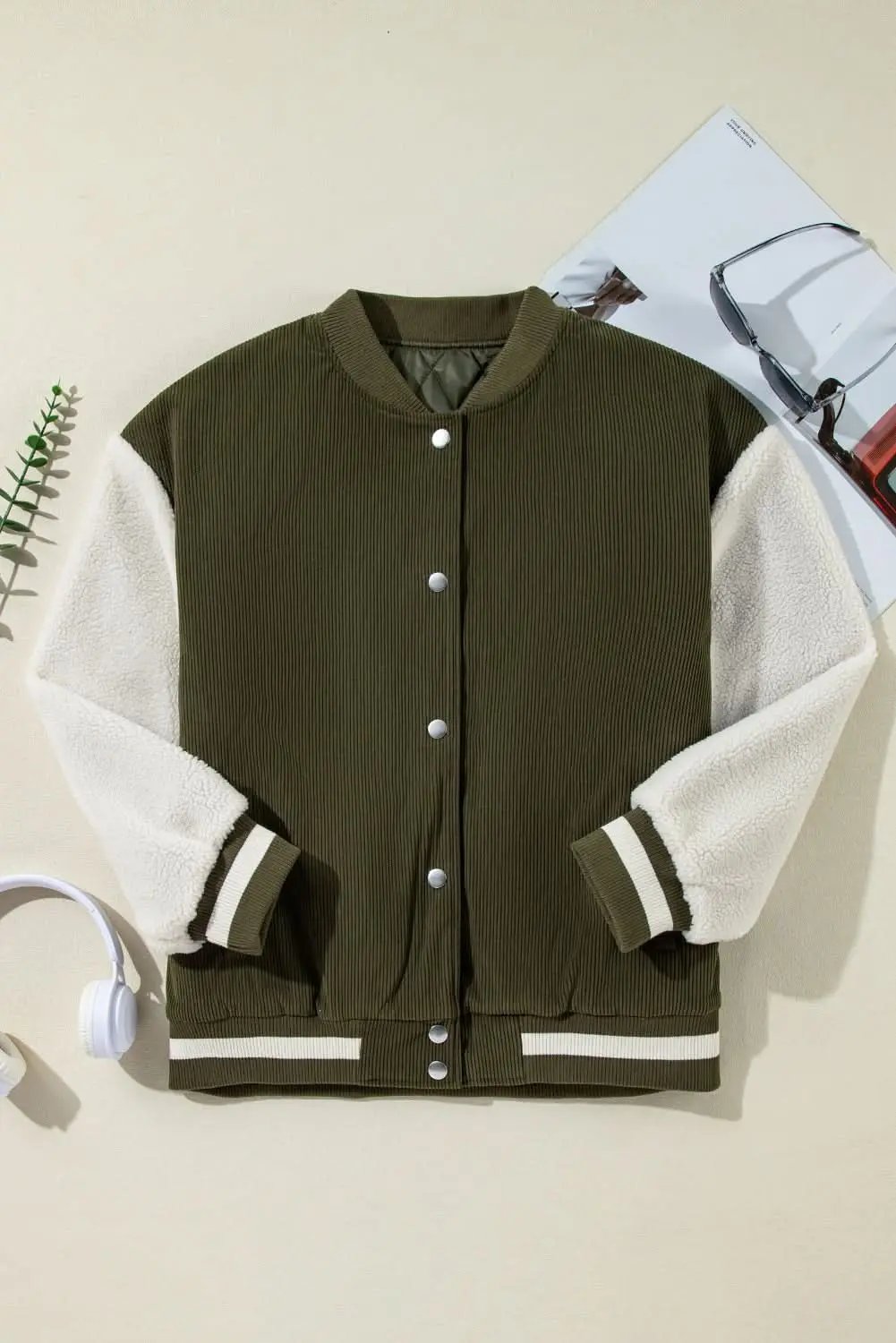 Mist Green Corduroy Fleece Patchwork Buttoned Bomber Jacket - Love Salve 