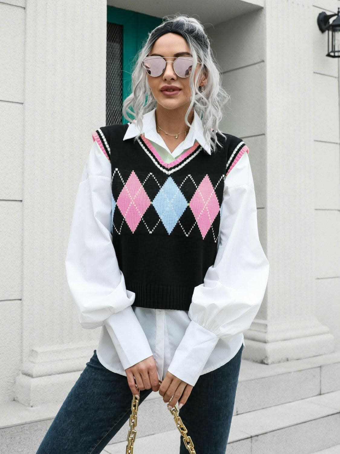 Modern geometric v-neck vest 