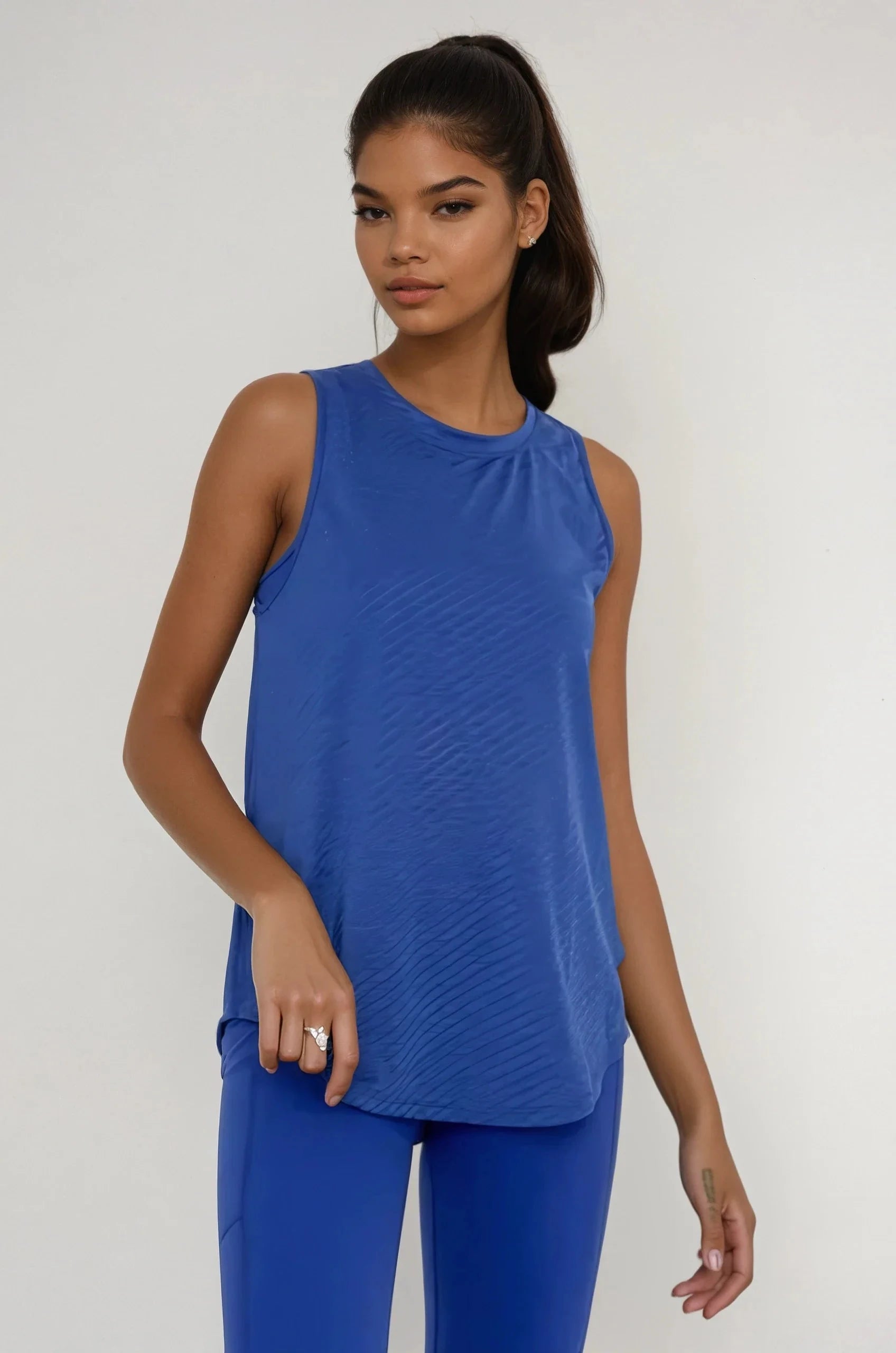Sheer Striped Mesh Active Tank With Cutout Back Blue Fitkitty Culture Athleisure Wear, Yoga Wear & Women's Clothing