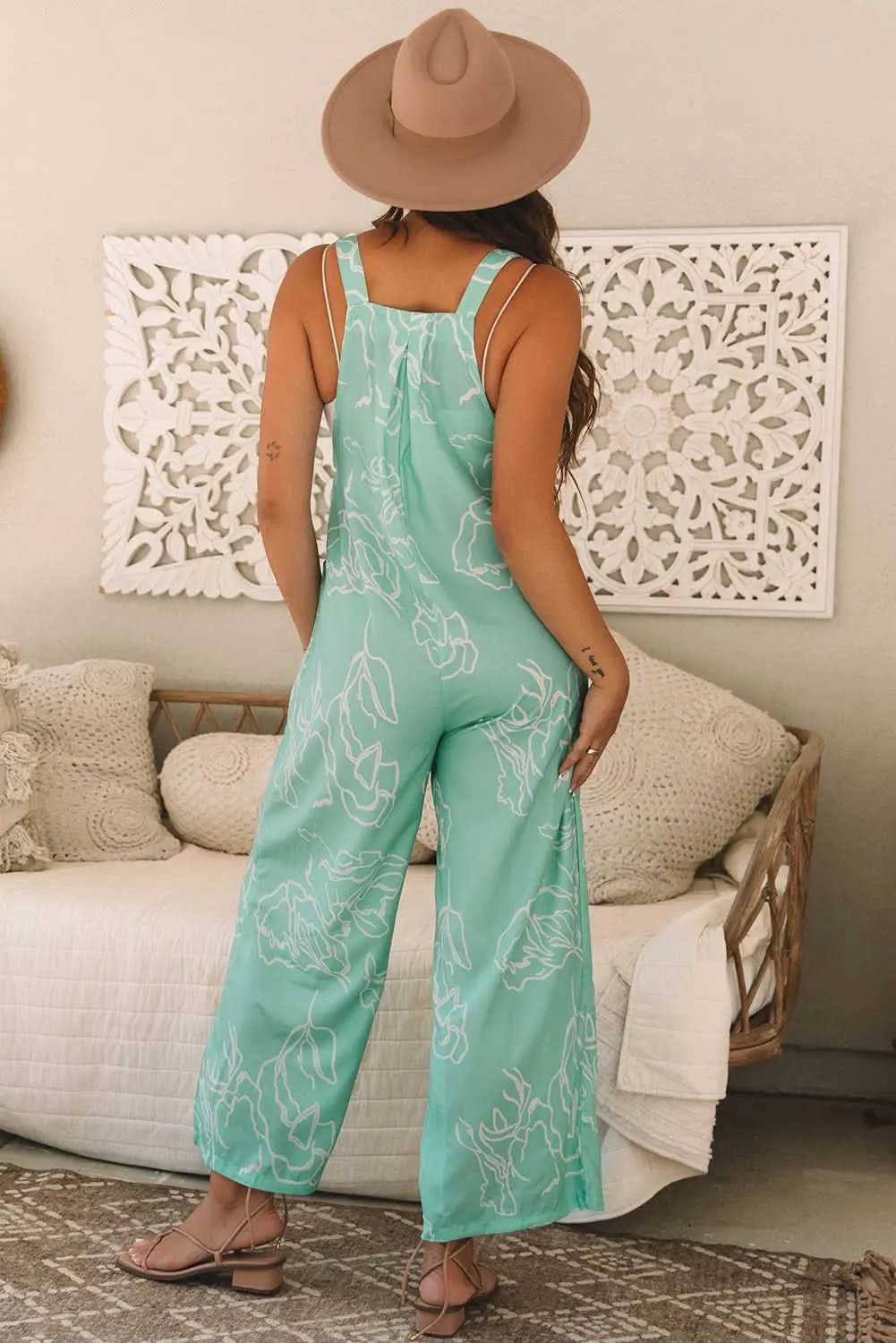 Moonlight Jade Printed Bib Wide Leg Overalls - Love Salve 