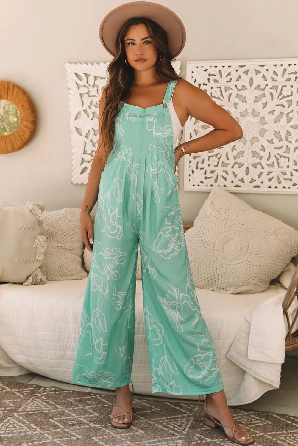 Moonlight Jade Printed Bib Wide Leg Overalls - Love Salve 