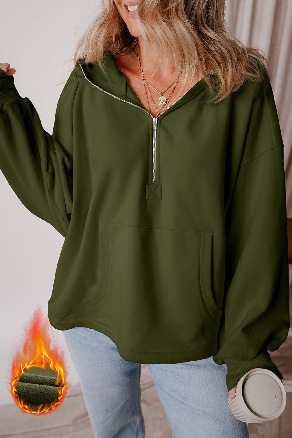 Moss Green Fleece Lined Half Zipper Kangaroo Pockets Loose Hoodie - Love Salve 