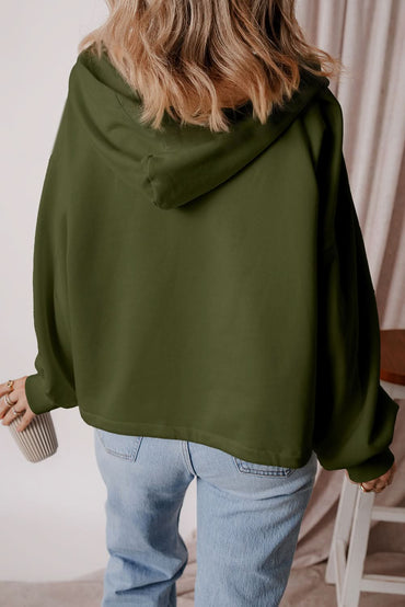 Moss Green Fleece Lined Half Zipper Kangaroo Pockets Loose Hoodie - Love Salve 