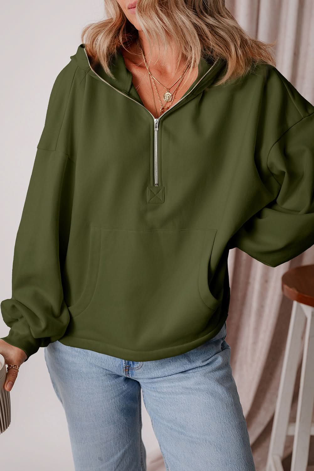 Moss Green Fleece Lined Half Zipper Kangaroo Pockets Loose Hoodie - Love Salve 