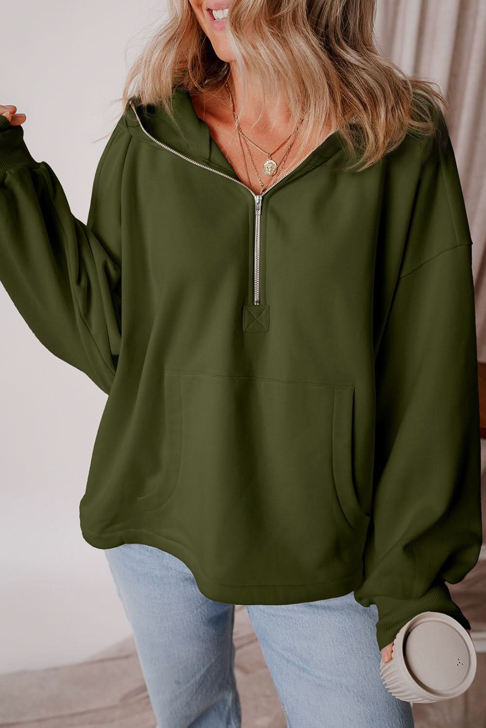 Moss Green Fleece Lined Half Zipper Kangaroo Pockets Loose Hoodie - Love Salve 