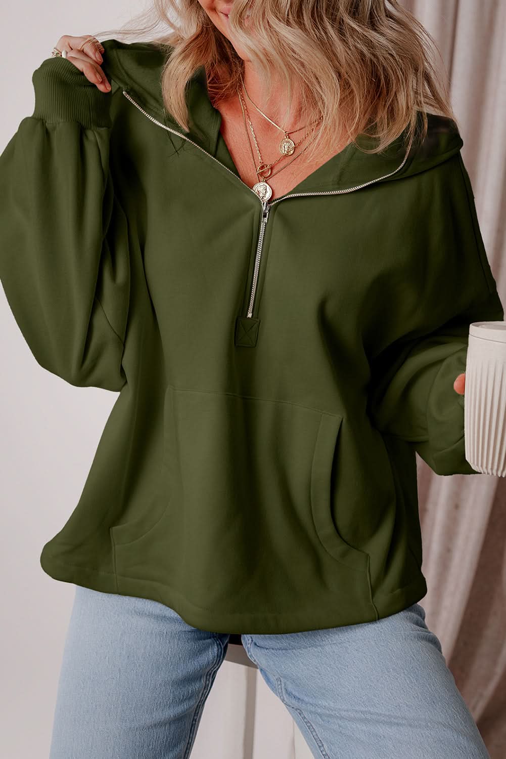 Moss Green Fleece Lined Half Zipper Kangaroo Pockets Loose Hoodie - Love Salve 