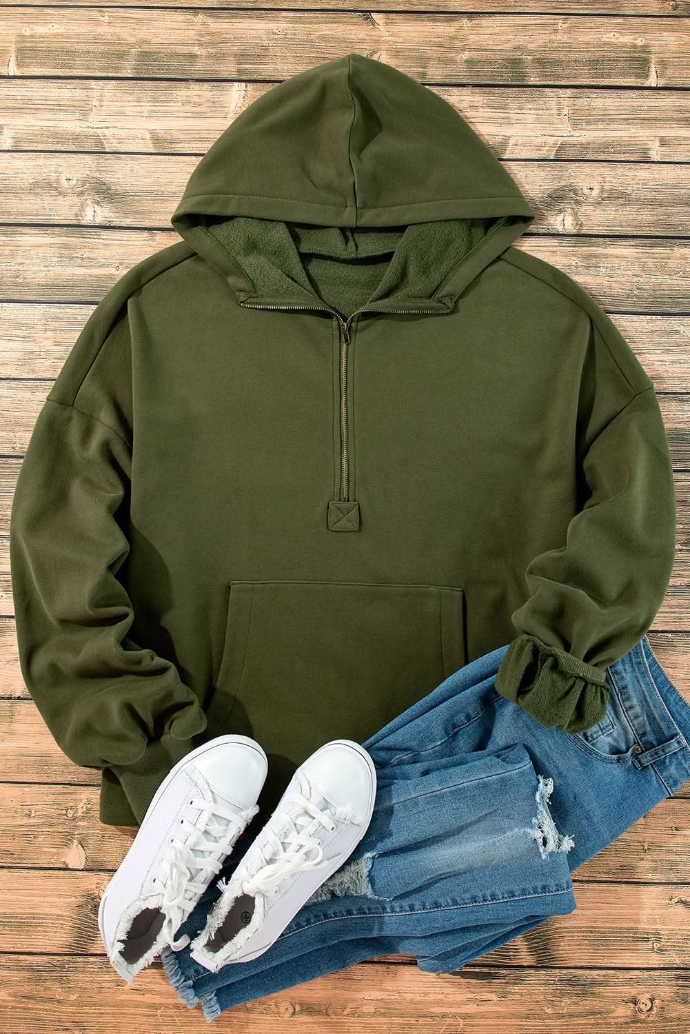 Moss Green Fleece Lined Half Zipper Kangaroo Pockets Loose Hoodie - Love Salve 