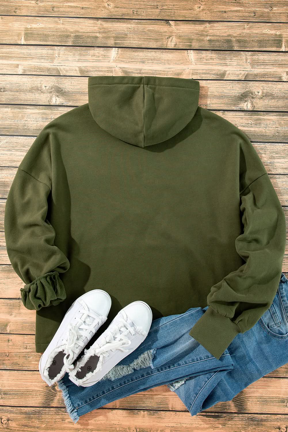 Moss Green Fleece Lined Half Zipper Kangaroo Pockets Loose Hoodie - Love Salve 