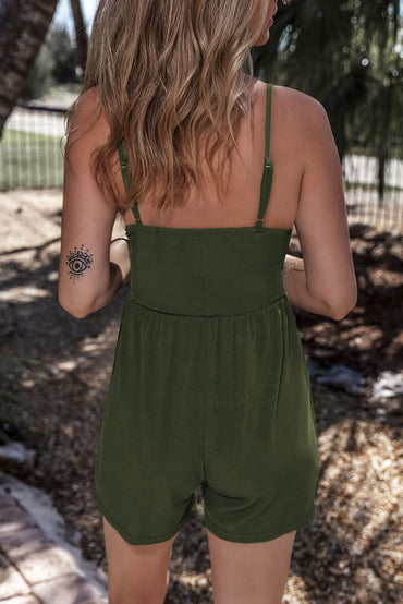 Moss Green Spaghetti Straps Cinched Waist Ribbed Romper 