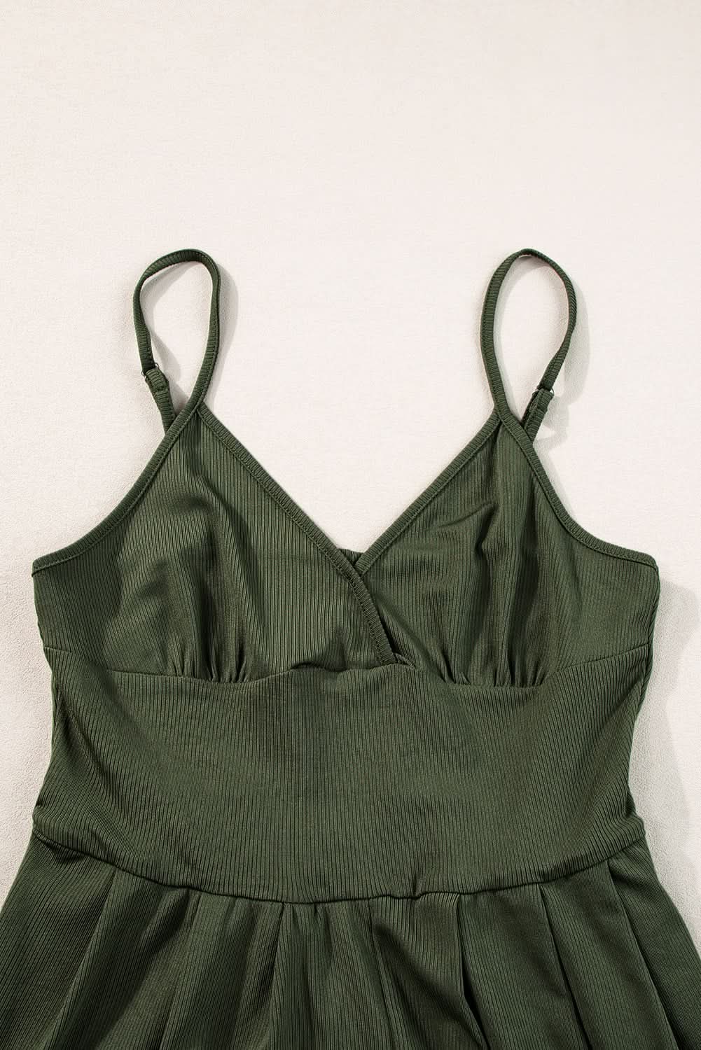 Moss Green Spaghetti Straps Cinched Waist Ribbed Romper - Love Salve 