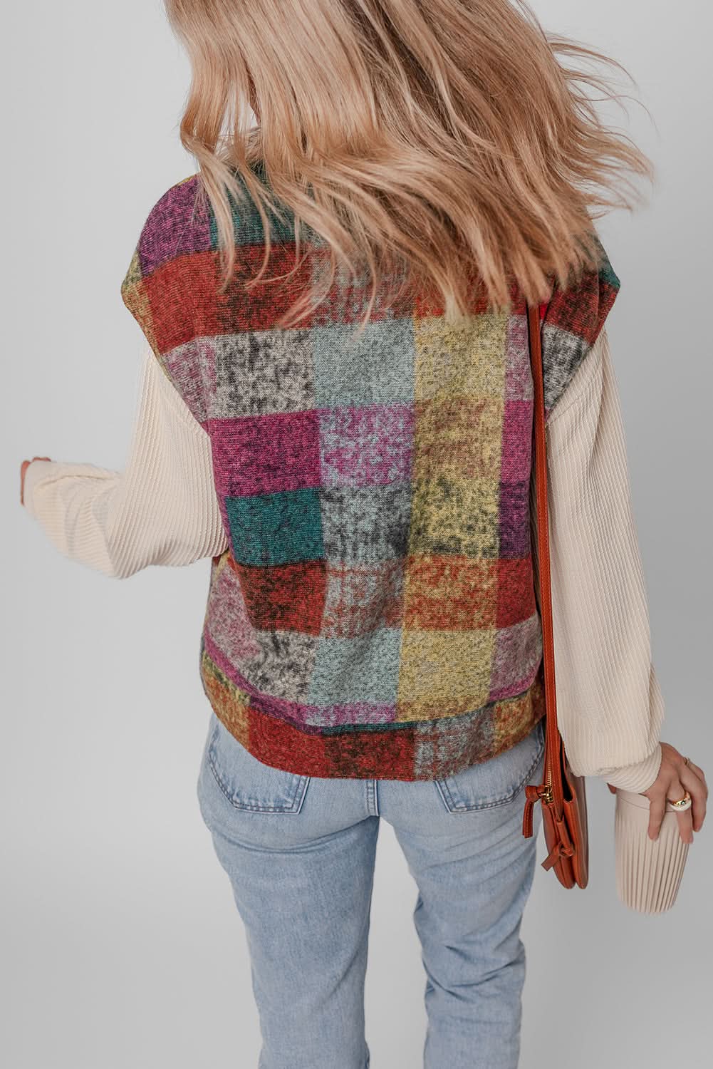 Multicolor Plaid Print Side Pockets Zipped Loose Vest 
