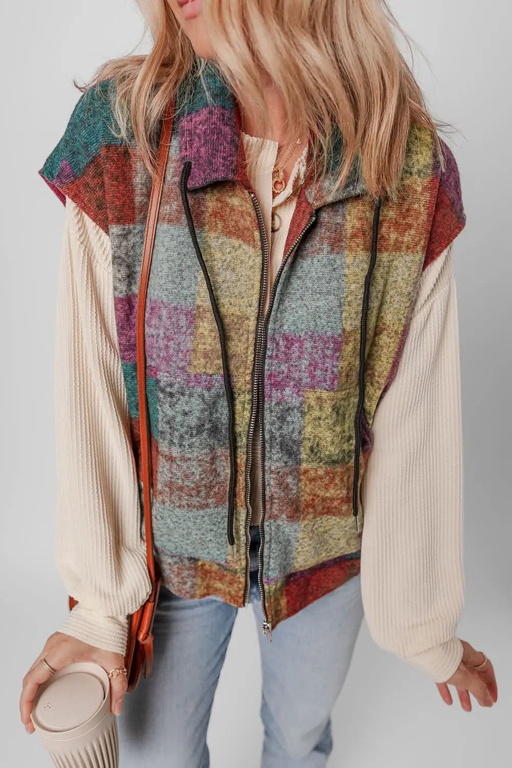 Multicolor Plaid Print Side Pockets Zipped Loose Vest - Love Salve 
