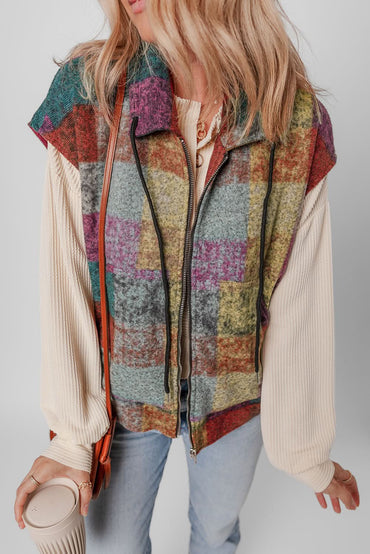 Multicolor Plaid Print Side Pockets Zipped Loose Vest 