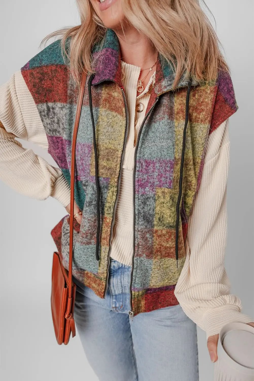 Multicolor Plaid Print Side Pockets Zipped Loose Vest - Love Salve 