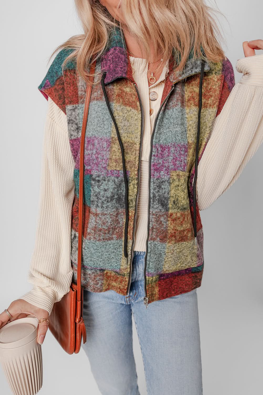 Multicolor Plaid Print Side Pockets Zipped Loose Vest 