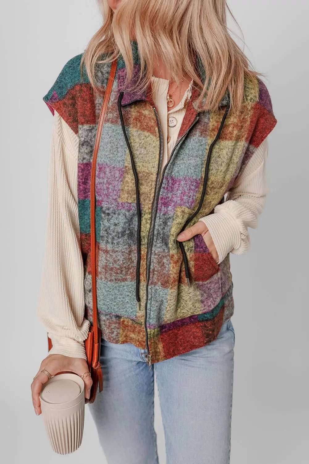 Multicolor Plaid Print Side Pockets Zipped Loose Vest - Love Salve 
