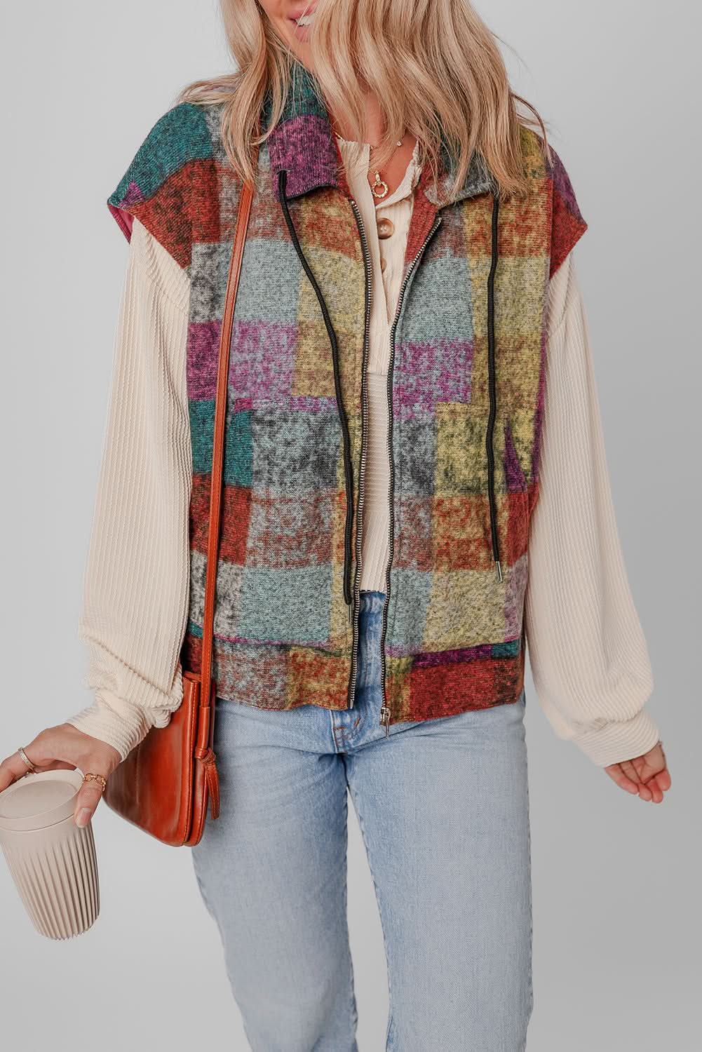 Multicolor Plaid Print Side Pockets Zipped Loose Vest - Love Salve 