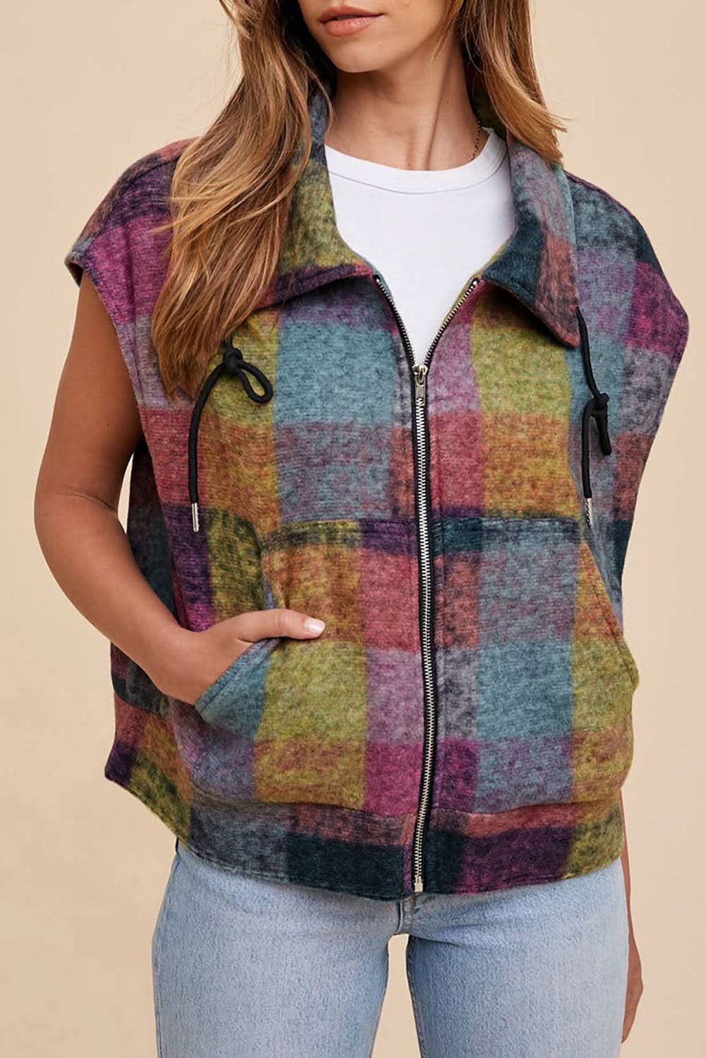 Multicolor Plaid Print Side Pockets Zipped Loose Vest 