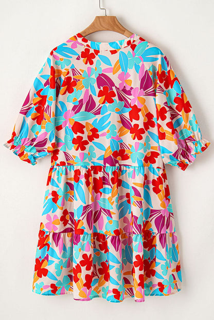 Multicolour Floral Tiered V Neck Plus Dress - Love Salve 