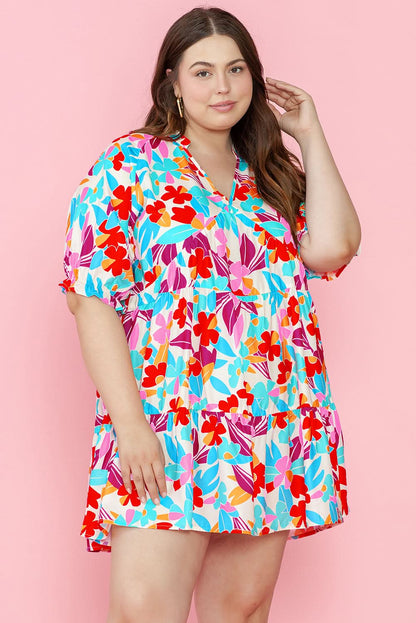 Multicolour Floral Tiered V Neck Plus Dress - Love Salve 