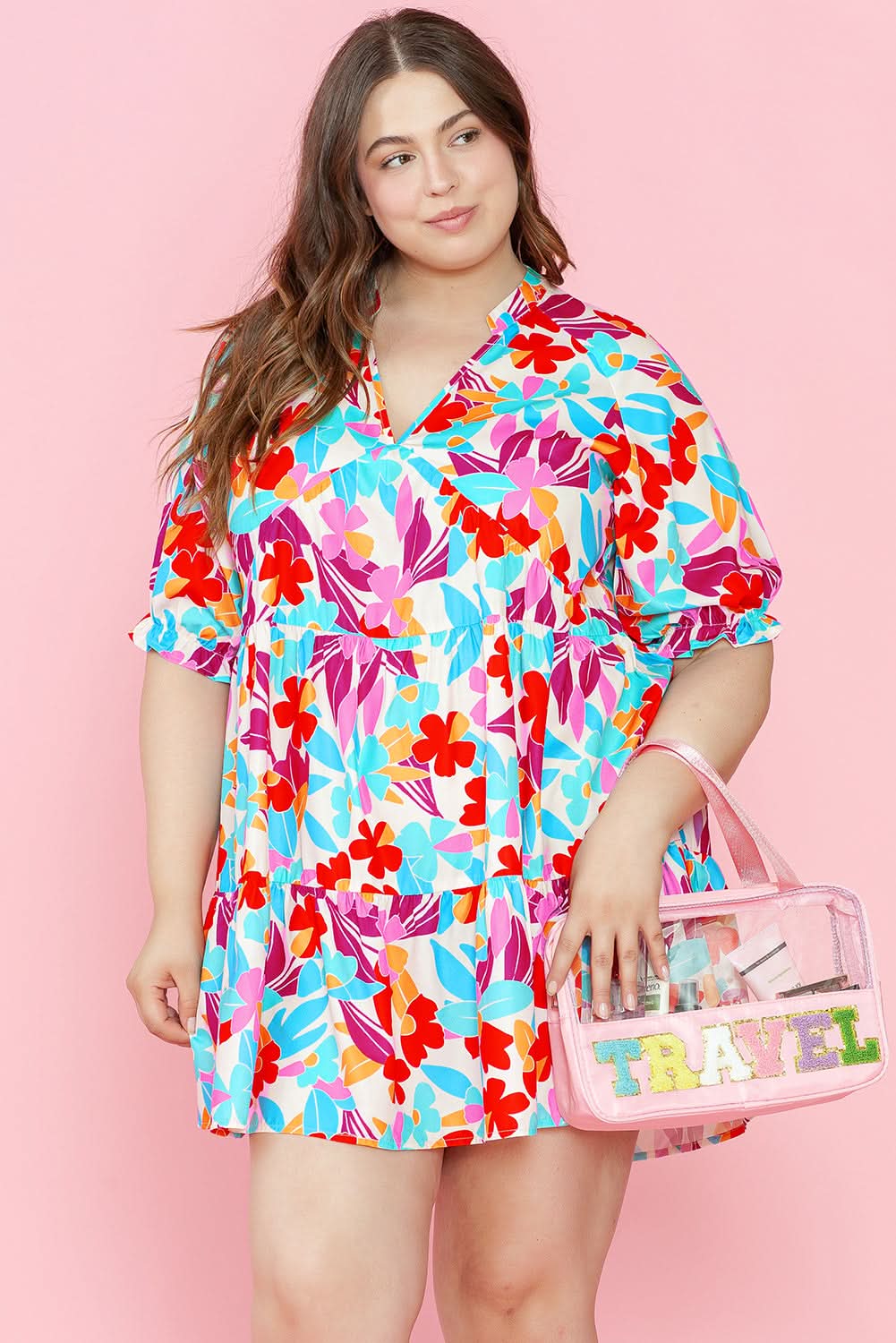 Multicolour Floral Tiered V Neck Plus Dress - Love Salve 