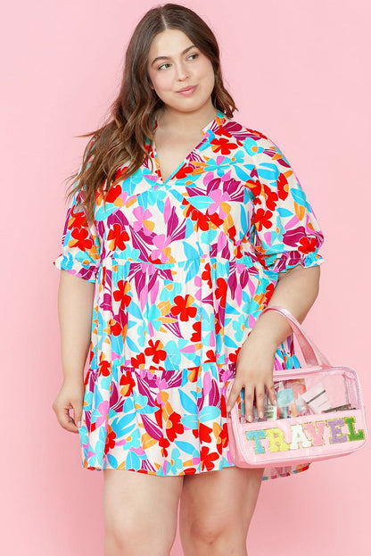 Multicolour Floral Tiered V Neck Plus Dress - Love Salve 
