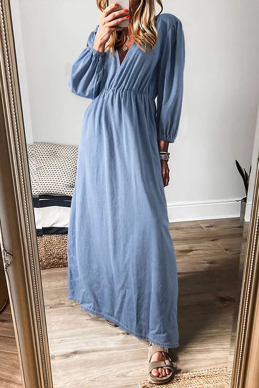Myosotis Chambray Deep V Neck Bracelet Sleeve Maxi Dress - Love Salve 