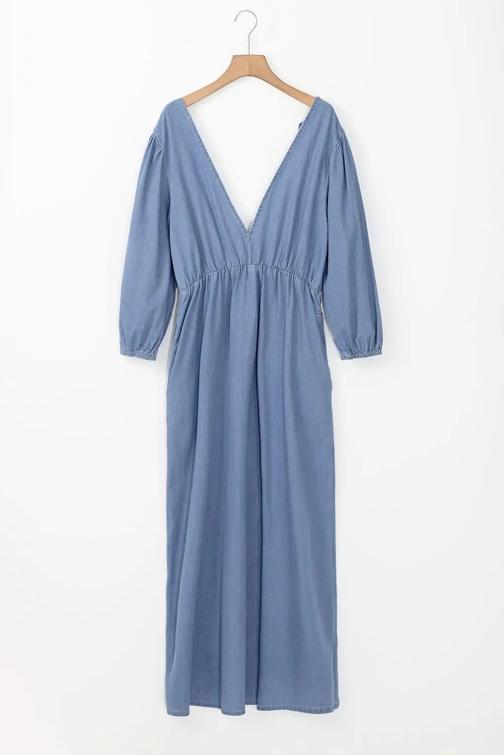 Myosotis Chambray Deep V Neck Bracelet Sleeve Maxi Dress - Love Salve 