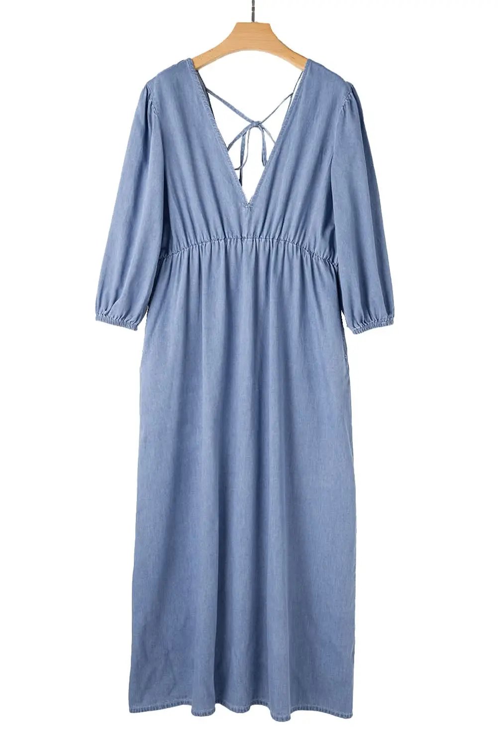 Myosotis Chambray Deep V Neck Bracelet Sleeve Maxi Dress - Love Salve 