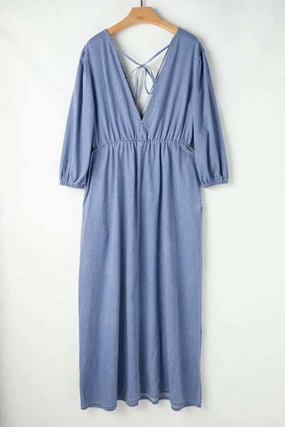Myosotis Chambray Deep V Neck Bracelet Sleeve Maxi Dress - Love Salve 