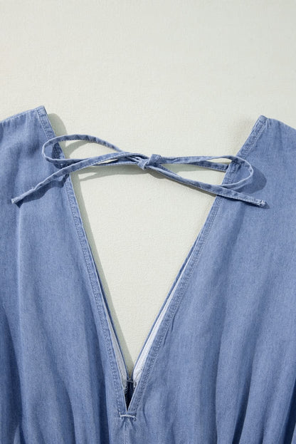 Myosotis Chambray Deep V Neck Bracelet Sleeve Maxi Dress - Love Salve 