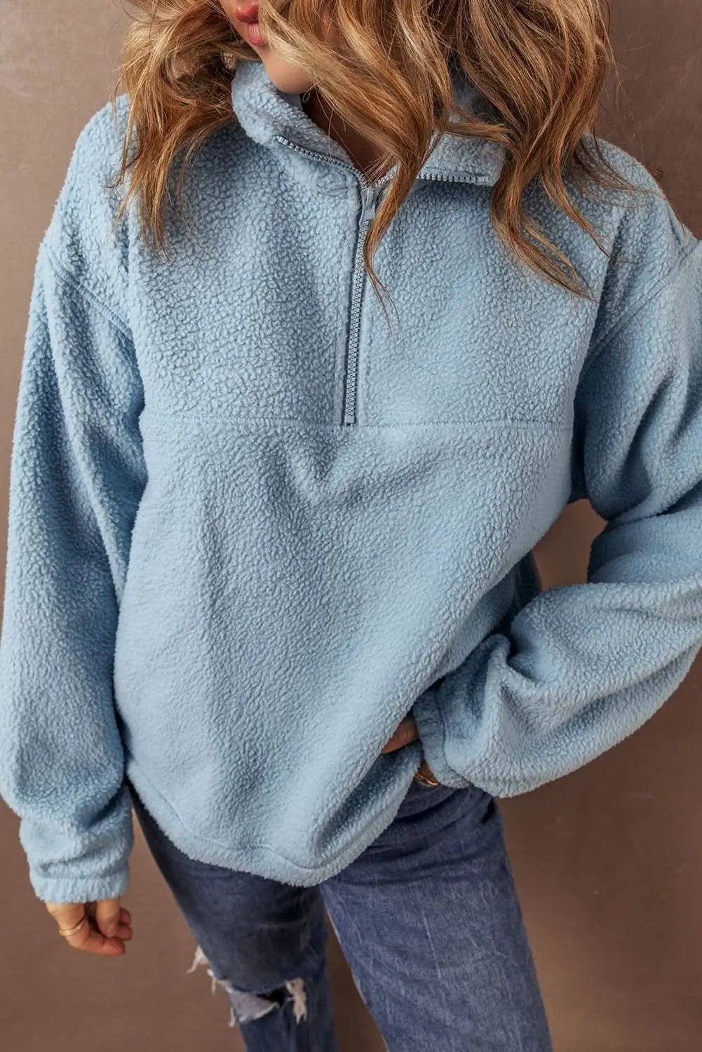 Myosotis Collared Zipper Drop Shoulder Fleece Sweatshirt - Love Salve 