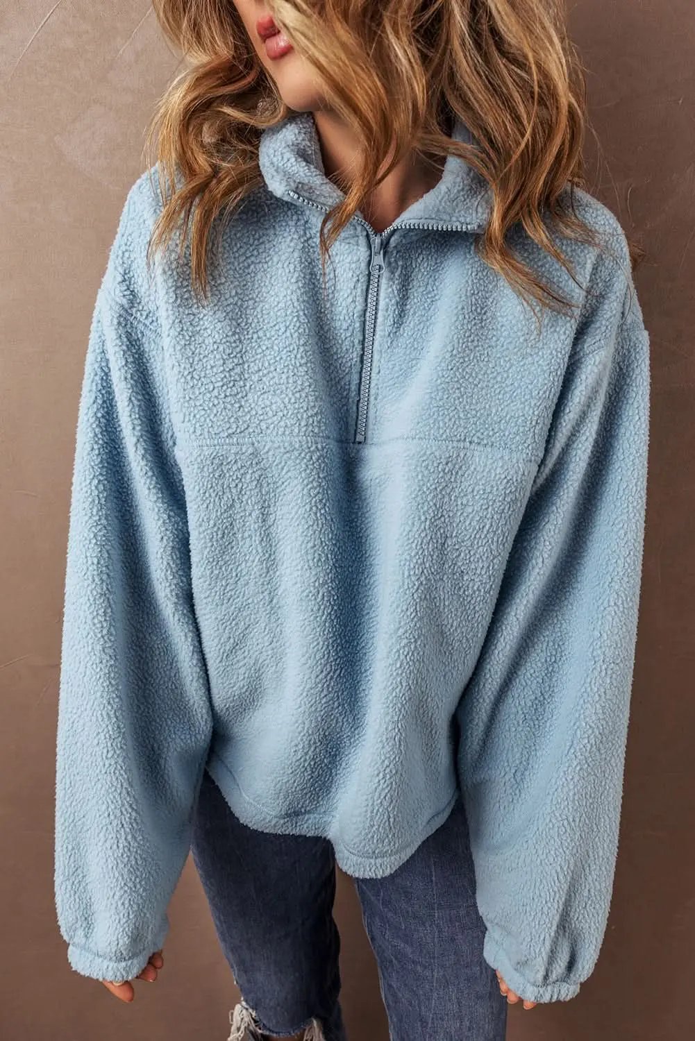Myosotis Collared Zipper Drop Shoulder Fleece Sweatshirt - Love Salve 