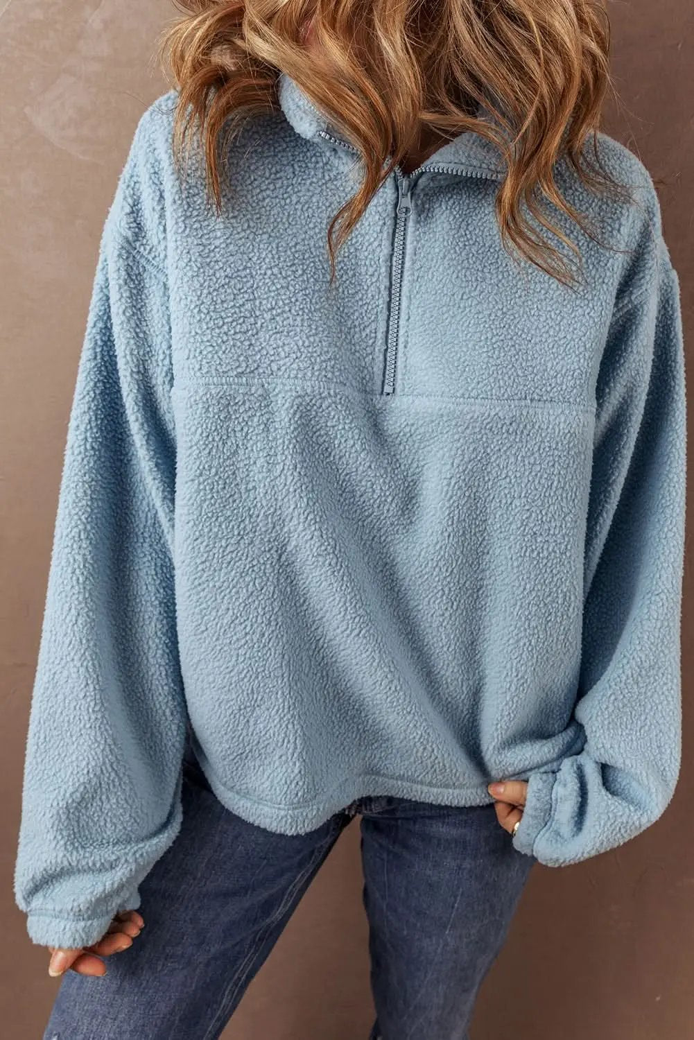 Myosotis Collared Zipper Drop Shoulder Fleece Sweatshirt - Love Salve 