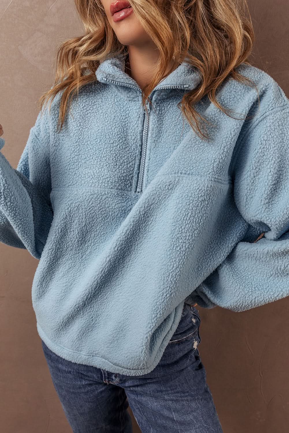 Myosotis Collared Zipper Drop Shoulder Fleece Sweatshirt - Love Salve 