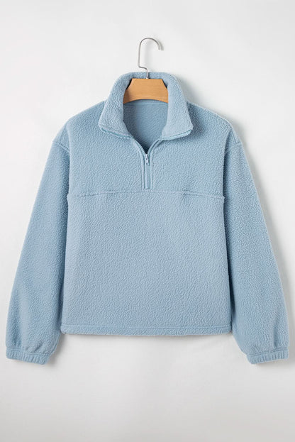 Myosotis Collared Zipper Drop Shoulder Fleece Sweatshirt - Love Salve 