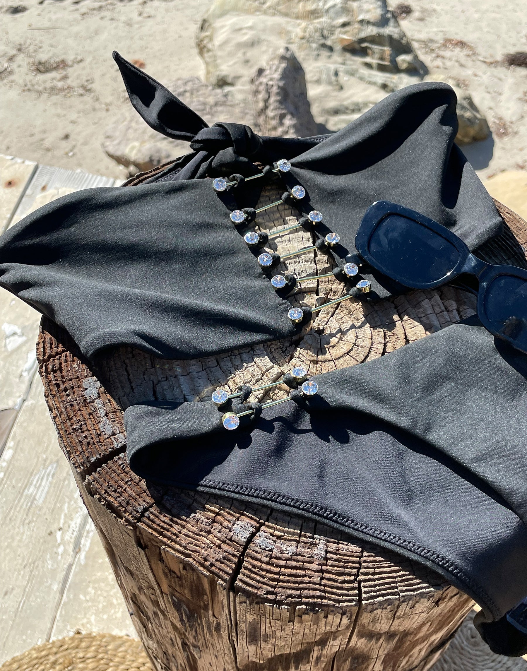 Noelani Skimpy Bottom in Black with Gold Crystal Hardware High Leg or Hip Swimwear Beach Bunny Swimwear