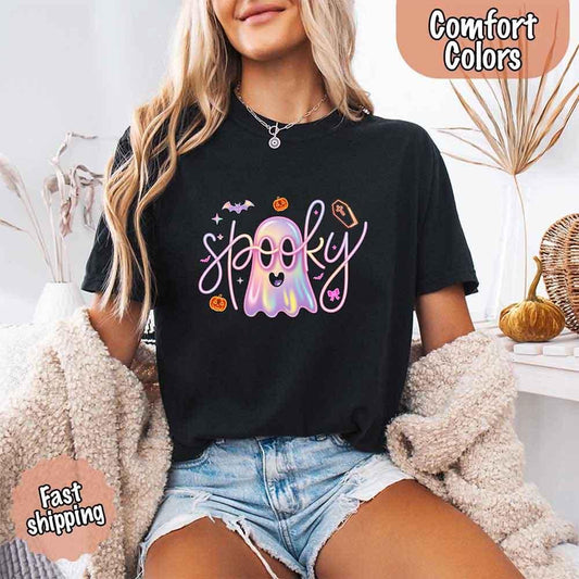 Adorb Custom Tees Neon Spooky Ghost Comfort Colors T-Shirt, a vibrant Halloween shirt for spooky season.