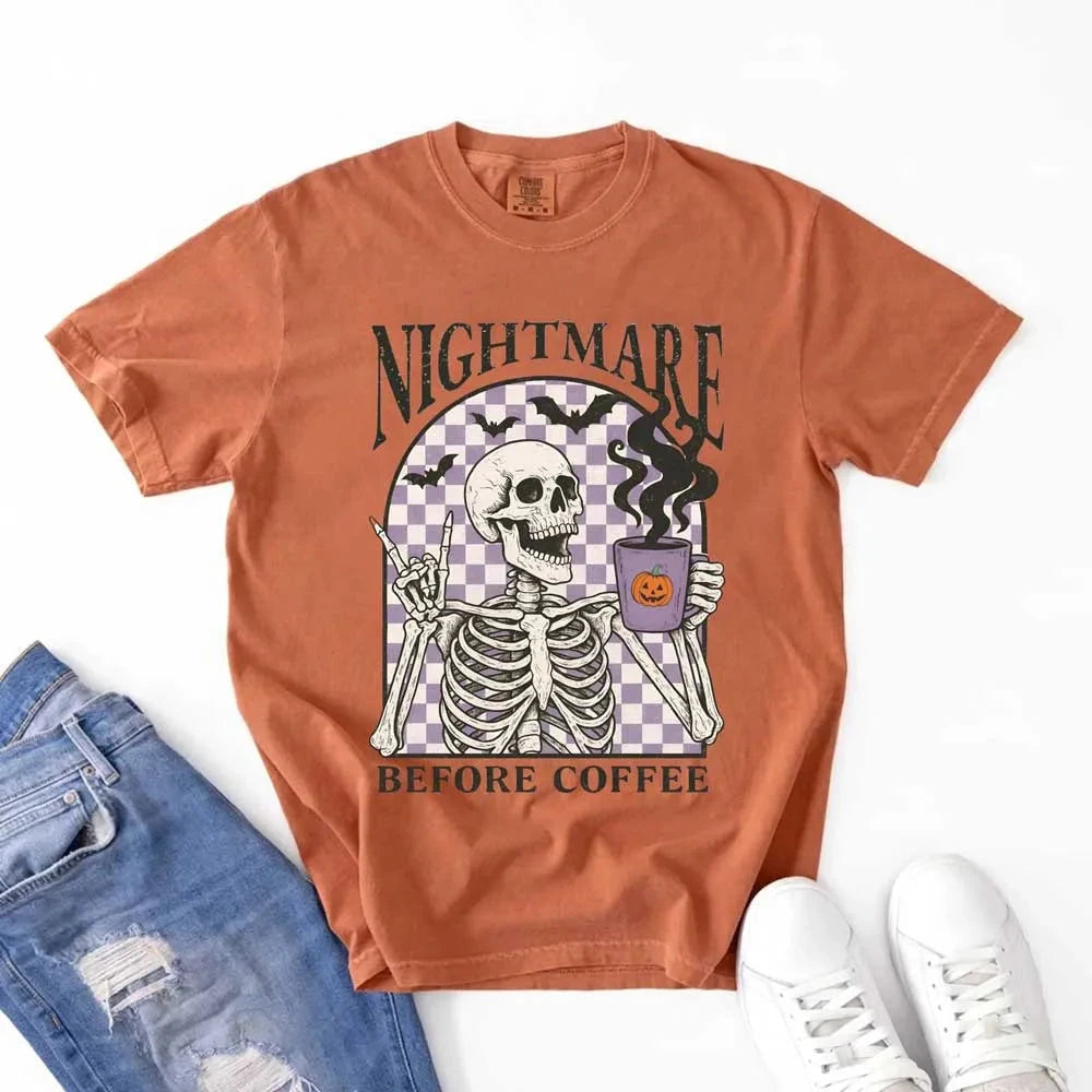 Nightmare Before Coffee Comfort Colors Shirt – Skeleton Funny Halloween Tee Adorb Custom Tees