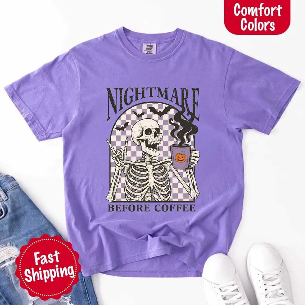 Nightmare Before Coffee Comfort Colors Shirt – Skeleton Funny Halloween Tee Adorb Custom Tees