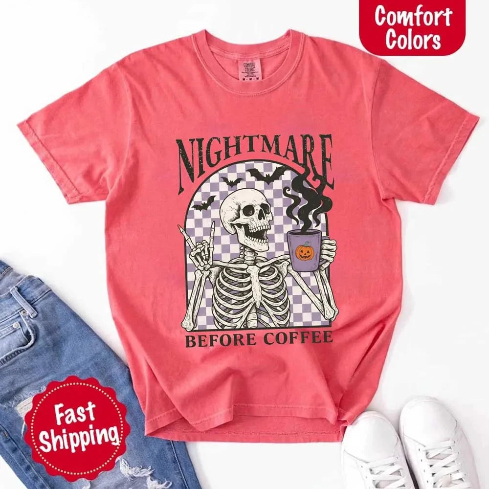 Nightmare Before Coffee Comfort Colors Shirt – Skeleton Funny Halloween Tee Adorb Custom Tees